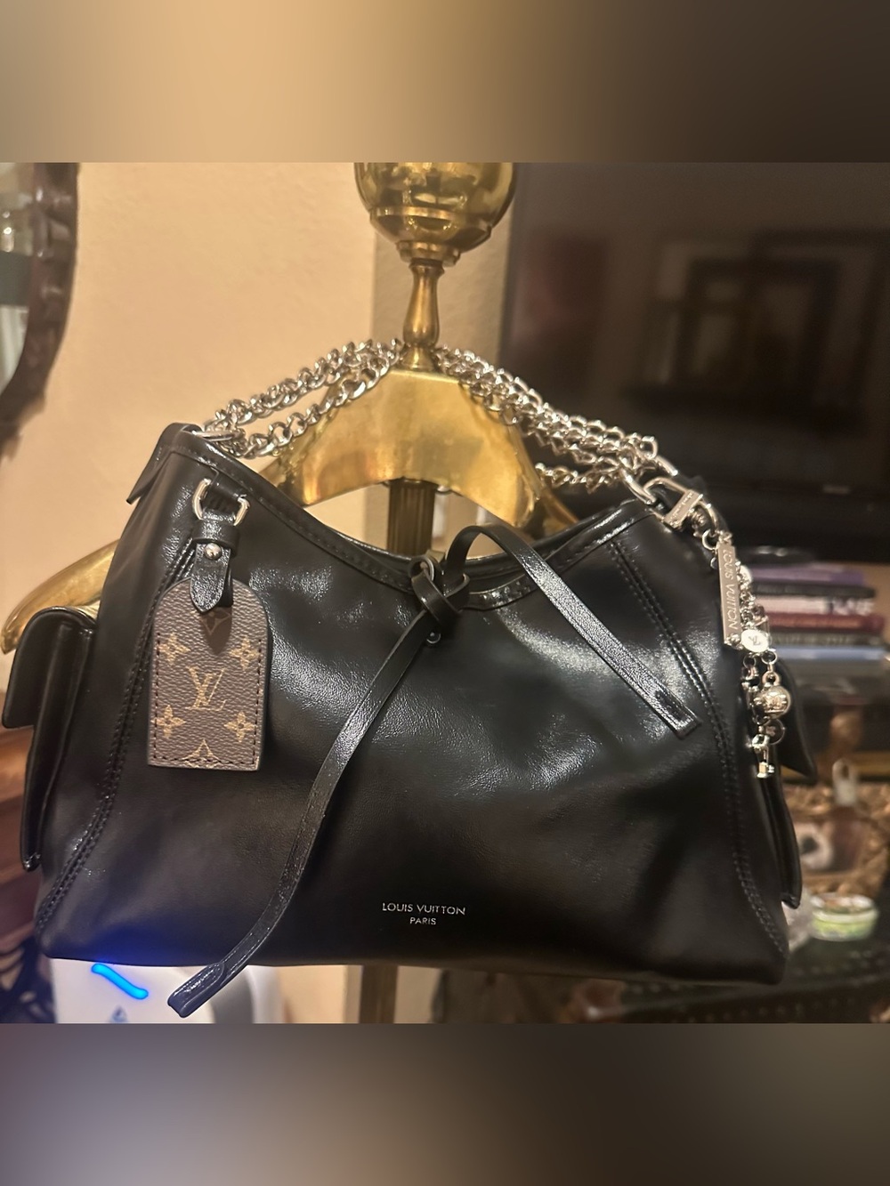 LV Black Leather Shoulder Bag with silver chain strap